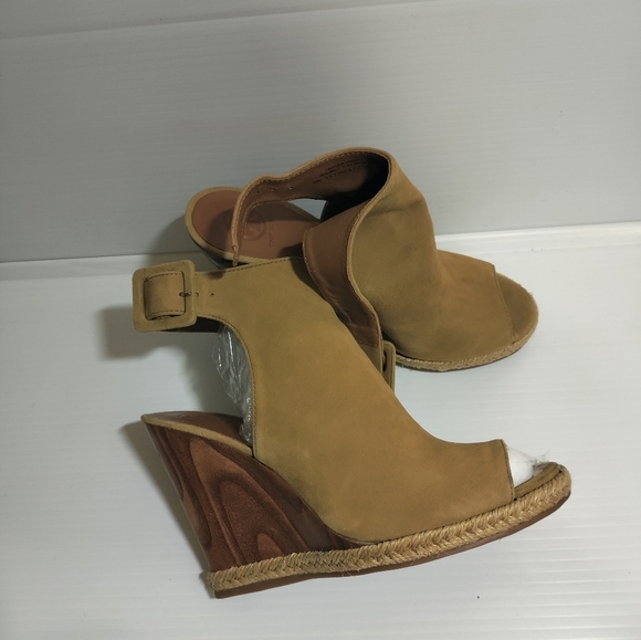 Tory Burch Tan Suede Leather Open Peep Toe Wood Wedge Slingback Heels Sandals 7 - Picture 1 of 5